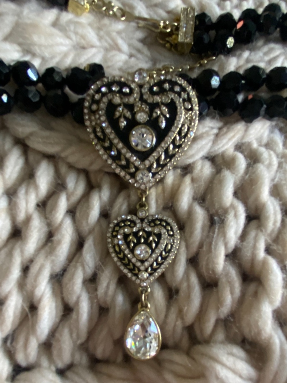 Heidi Daus Gold-Tone Heart Pendant Necklace with Black Beads and Crystal Drop